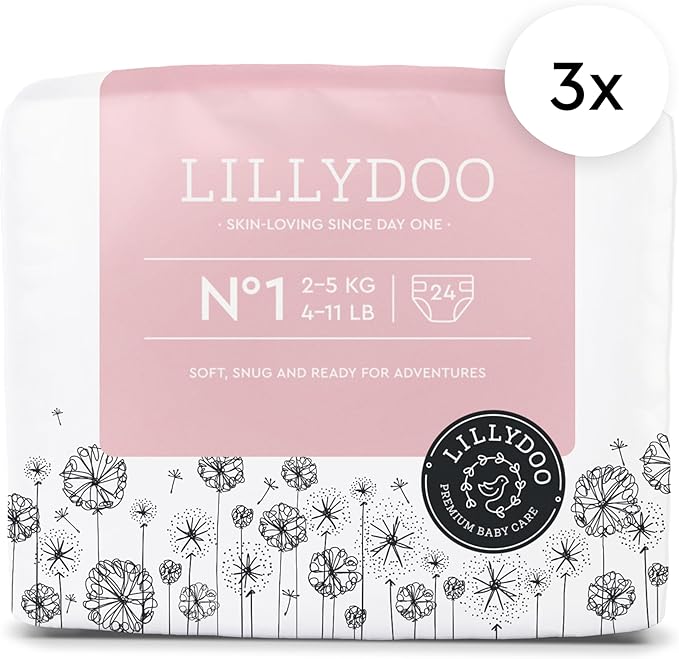 LILLYDOO Baby Diapers - Size 1 (4-11 lbs), Half-Monthly Supply (72 Count), Leak Protection, Skin-Friendly, Ultrasoft, Perfume- & Chlorine-Free, Hypoallergenic, Dermatologist Tested, Oeko-TEX®