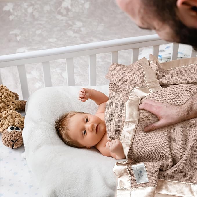 lulumoon Swaddle Baby Blanket: Waffle Blanket with Satin Trim - Breathable Toddler Blankets Perfect for Nursing Cover and Playtime - Cotton Crib Quilt for Daytime Naps 40"x36"(Dusty Rose)