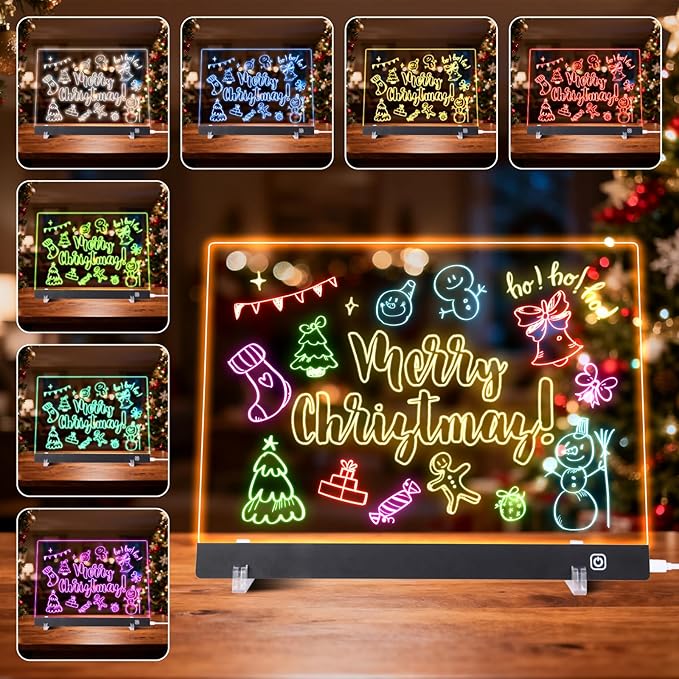 LED Note Board with Colors, Led Drawing Board for Kids, Light Up Acrylic Dry Erase Boards with Stand, Christmas & Birthday Gifts for Girls/Teens (Black, 11.8" x 7.9")