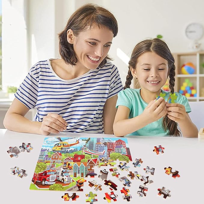 LELEMON Puzzles for Kids Ages 4-8 Transportation Vehicles Jigsaw Puzzles for Kids Boys Girls 100 Pieces Fire Truck Car Learning Educational Puzzles in a Metal Box