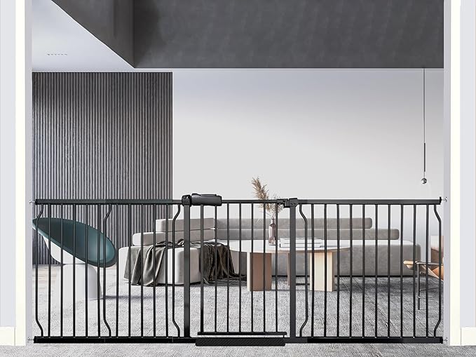 Heavy Duty Baby & Dog Safety Gate, Extra Wide 85.8-90.5 Inch,Black Metal, Pressure Mounted No Drilling Pet Gate for Large Openings