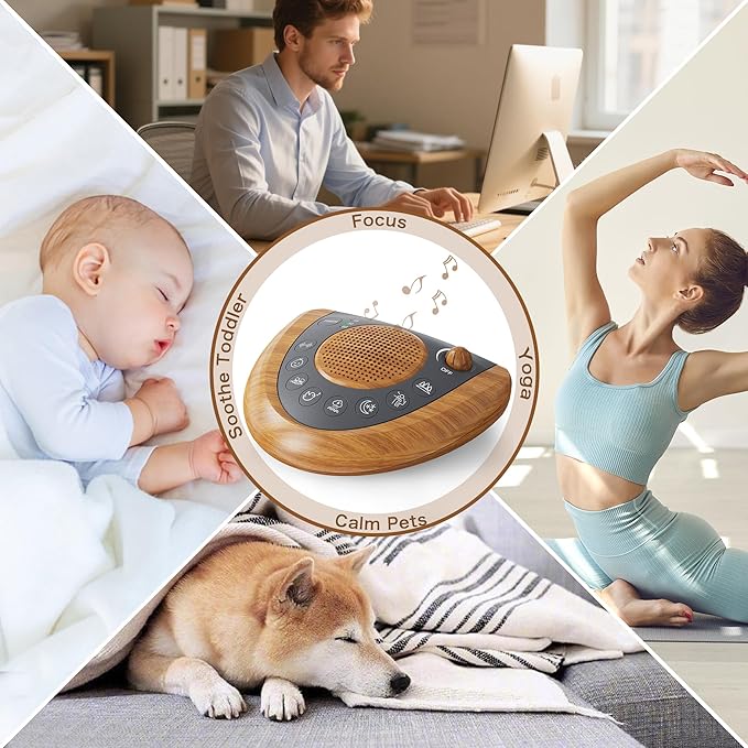 Raynic Noise Machine, Battery Powered Sound Machine, Portable Sleep Machine with 36 Natural Soothing Sounds, Timer, USB Port, Headphone Jack for Baby, Kids, Adults, Travel, Office (Yellow Wood Grain)