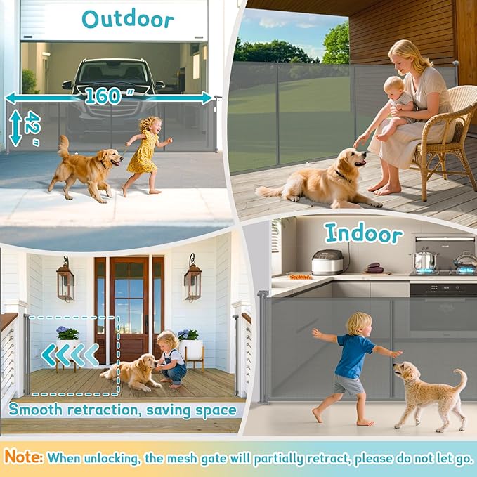 160 Inch Retractable Baby Gates Extra Wide, 42 Inch Extra Tall Retractable Gate for Indoor/Outdoor, 13 Foot Reinforced Retractable Dog Gate with Reinforcement Rod for Doorways, Stairs, Garage