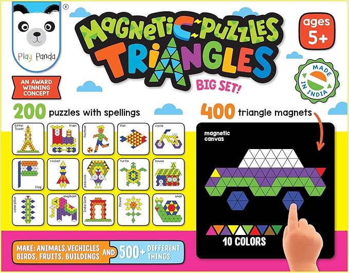 Magnetic Tangram Puzzles Toys for Kids | 400 Magnet Triangles Shapes with 200 Patterns Booklet, Board & Display stand | STEM Educational and learning Games for Ages 4 5 6+ Years|Gifts for Girls & Boys