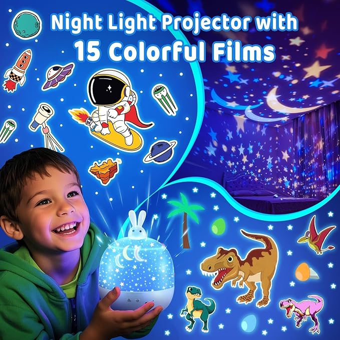 One Fire Dinosaur Night Light Projector, with 15 Films & Bluetooth Music and Remote-Controlled Dino Night Light, Rechargeable Star Projector for Kids, Dino Decor Dinosaur Gifts for Boys.