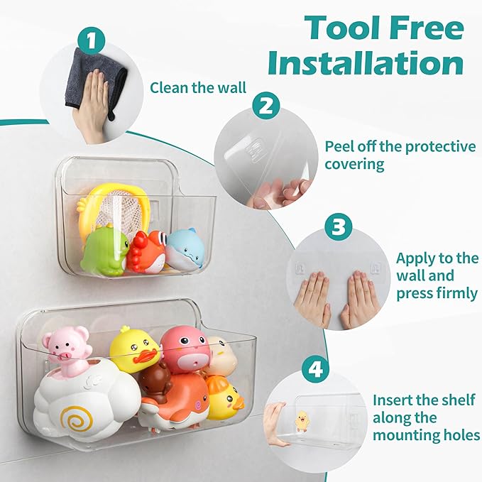 Bath Toy Storage for Bathtub 2 Packs, Large Capacity Bath Toy Holder for Kids, Quick Dry Toy Organizer, Durable Plastic Shower Caddy for Tub Bathroom