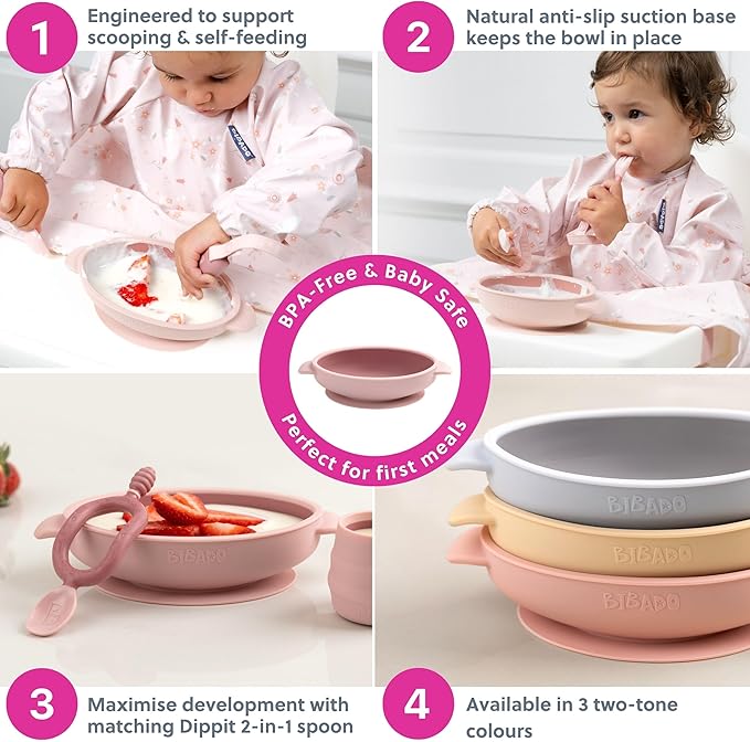 Bibado - Silicone Baby Bowl (Blush) - Stay Put Suction Bowl - Oval Shape - First Meals & Snacks - Durable, Dishwasher & Microwave Safe, BPA Free - Medical Grade - Baby Essentials - 6 Months to 3 Years