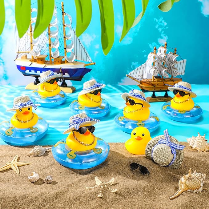 Summer Rubber Duck Mini Yellow Duck Bath Toys Duckies Car Dashboard Decorations with Mini Sun Hat Swim Ring Necklace and Sunglasses for Bathtub Shower Birthday Swimming (12 Set )