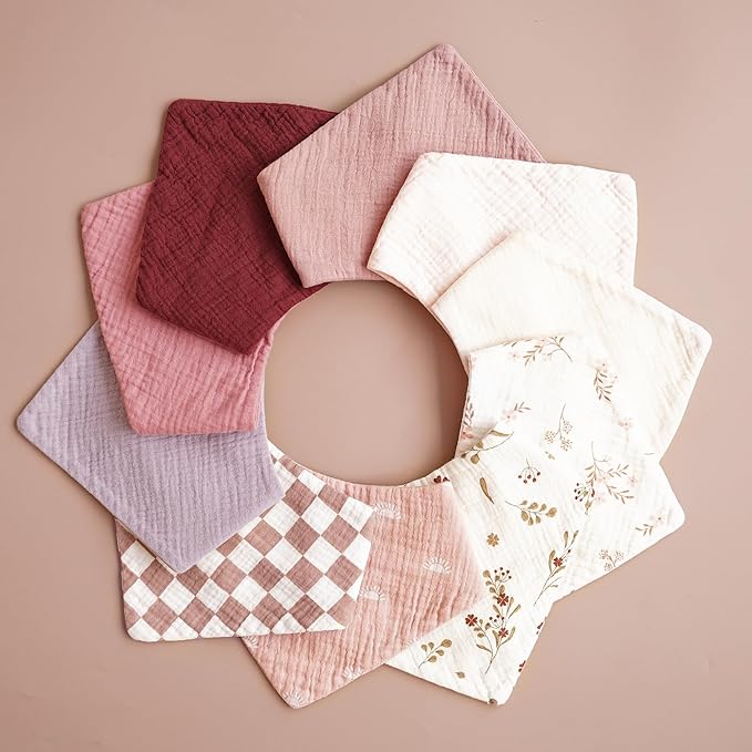 Konssy Muslin Baby Bibs 10 Pack Baby Bandana Drool Bibs 100% Cotton for Unisex Boys and Girls, Soft Absorbent Set for Teething and Drooling
