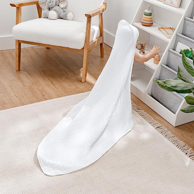 Comfy Cubs Baby Hooded 9 Layer Muslin Cotton Towel for Kids, Large 32” x 32”, Ultra Soft, Warm, and Absorbent. Baby Essentials Bath Towels, Cute Unisex Cover for Girls and Boys (Pack of 1, White)