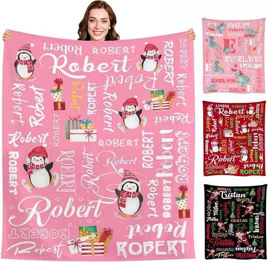 M YESCUSTOM Custom Name Blanket, Personalized Baby Throw Blanket, Pink Penguin, Christmas, Birthday for Kids & Adults