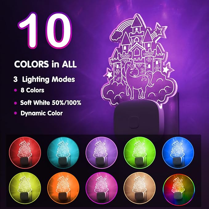 L LOHAS LED Night Lights for Kids, Acrylic Carved Castle Design, 8-Color Changing, Dusk to Dawn Sensor, Plug in Kids Night Lights for Baby, Girls Bedroom, 1 Pack