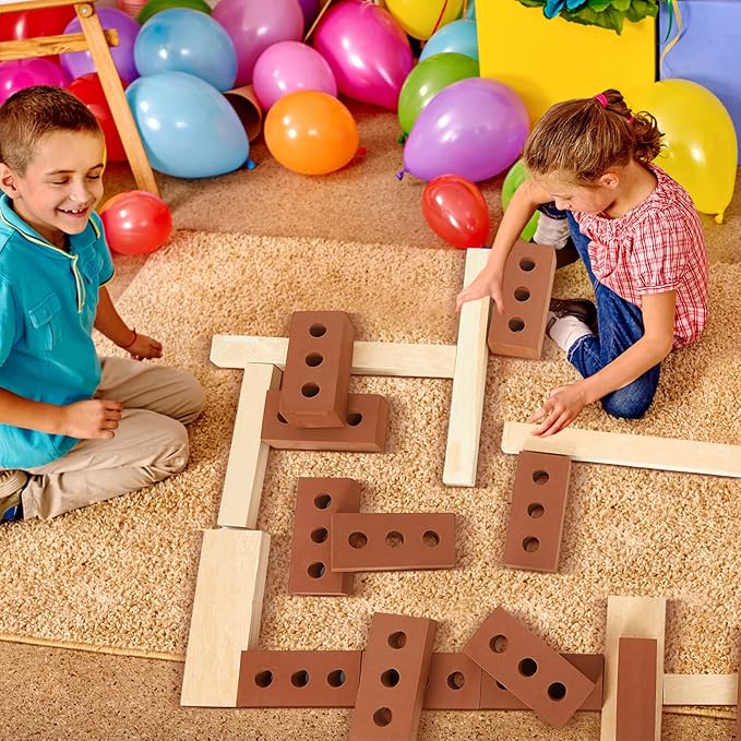 Deekin 25 Pcs Foam Brick Building Blocks and 12 Pcs Wooden Beam Foam Thick Cinder Blocks Large Fake Brick Builders Set for Construction and Stacking(Red)