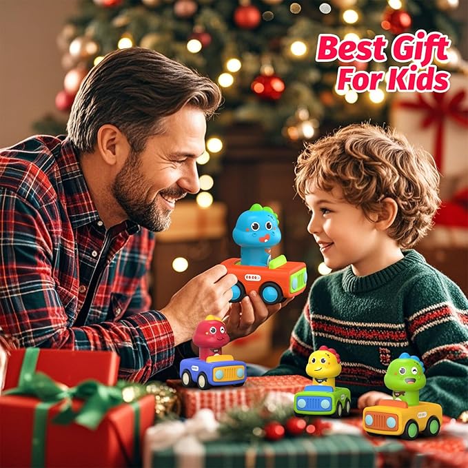 4PCS Big Press and Go Car Toys for Toddlers 1-3,Baby Animal Race Cars with Big Storage Box Infant Toys Push Go Friction Dino Car Learning Toys for Toddlers 1-3