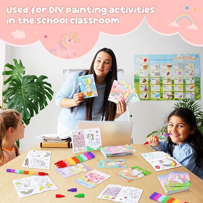 BenLouis 12 Unicorn Mini Coloring Books Kids with 12 Stacking Crayons Unicorn Birthday Party Favors Small Activity Books Bulk for Kids Rainbow Party Gift Goodie Bag Stuffers