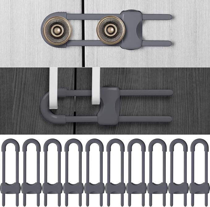 Jetec 10 Pieces Cabinet Locks for Babies, U-Shaped Proofing Drawers Safety Child Locks Adjustable, Easy to Use Childproof Latch for Knob Handle on Kitchen Door Storage Cupboard Closet (Gray)