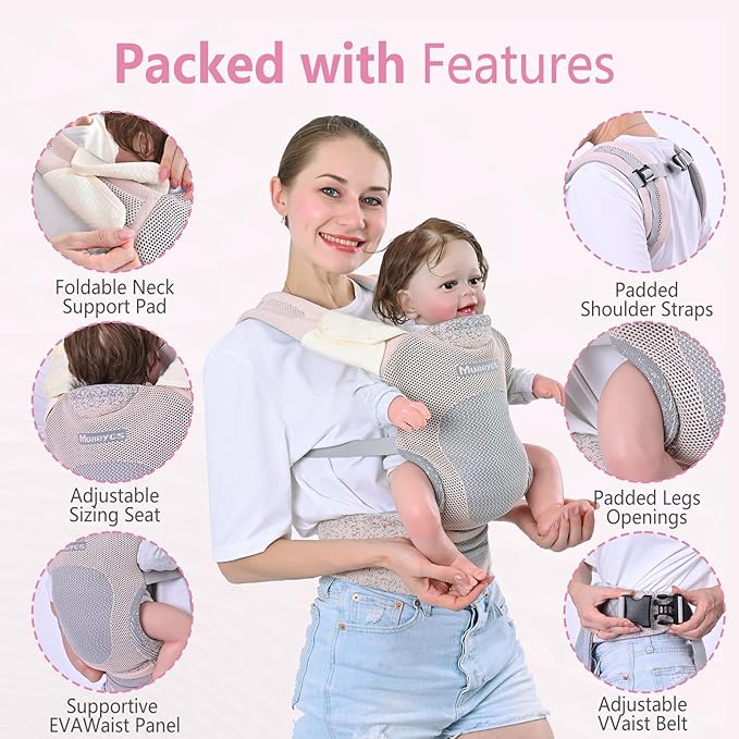 Baby Carrier Newborn to Toddler, Ergonomic, Breathable and Lightweight Newborn Carrier, Infant Carrier for 7-33 lbs, Easy Adjustable, Soft(Light Pink)