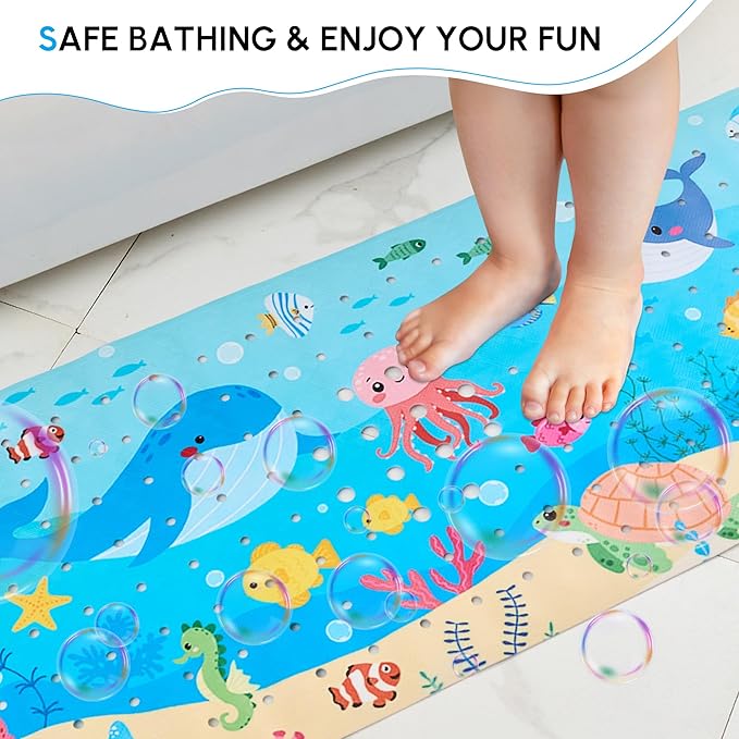 Vannokor Baby Bath Mat for Tub Non Slip Kids, 40 X 16 Inch Extra Long Bathtub Mat with Drain Holes and Suction Cups, Anti Slip Shower Mat Machine Washable, Whale