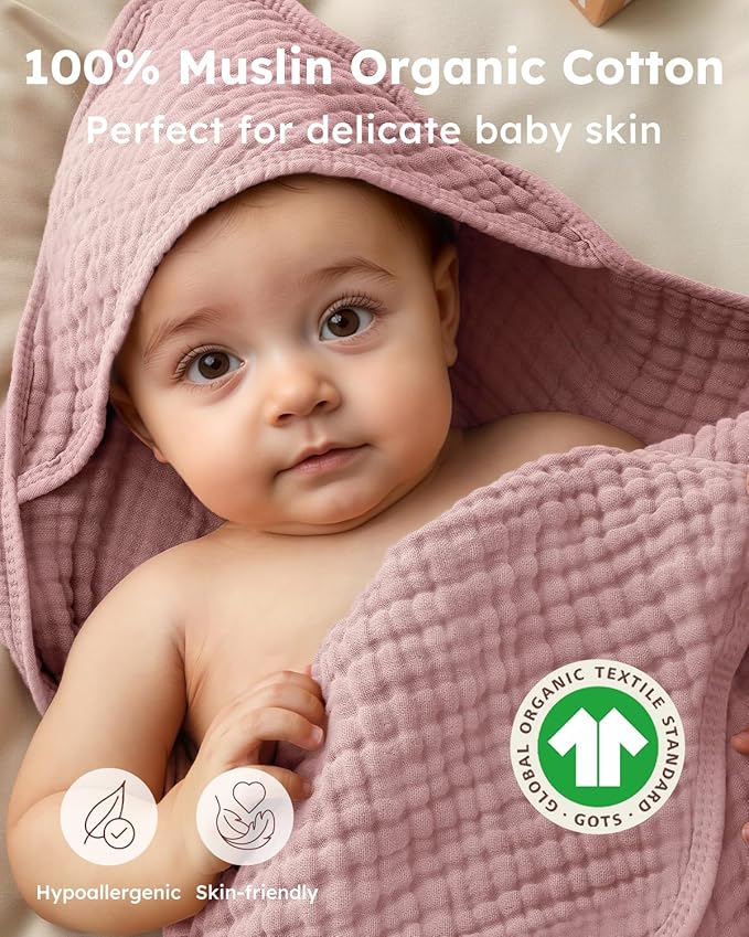 Yoofoss Hooded Baby Towels for Newborn 2 Pack 100% Muslin Organic Cotton Baby Bath Towel with Hood for Babies, Infant, Toddler and Kids,37.5“x37.5“, Soft and Absorbent Newborn Essential,Pink&WhiteLeaf