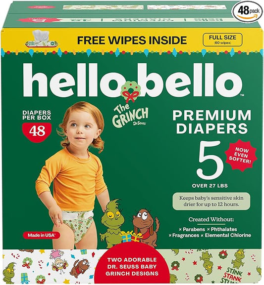 Hello Bello Dr. Seuss Baby Grinch Premium Diapers, Size 5 (27+ lbs), 48ct Plus Bonus Wipes: Softness & Protection for Sensitive Skin