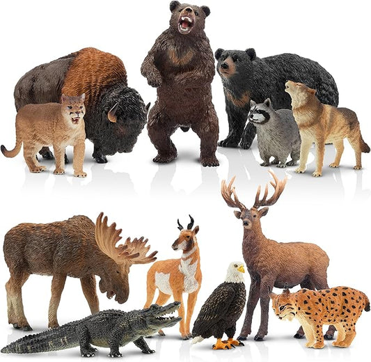 Toymany 12PCS North American Forest Animal Figurines, Realistic Jungle Animal Set Includes Moose,Cougar,Wolf,Bear,Eagle,Deer Educational Toy Cake Toppers Christmas Birthday Gift for Toddlers Kids 3-5