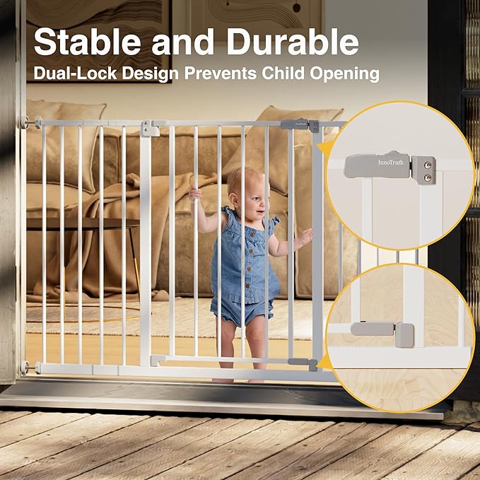 InnoTruth 29.5–49.75" Extra Wide Baby Gate for Stairs, 30" Tall Walk Through Dog Gate for Stairs & Doorways, Pressure-Mounted Safety Gate for Pets & Kids, Dual Lock & 2-Way Swing, White