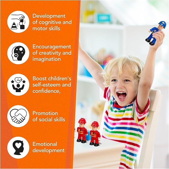 FUNERICA 12-Pcs People Figures and Toy Cars Playset - Fireman, Police, Construction Workers - Pretend Play Vehicle & Figurine Set Accessories for Kids - Emergency Rescue & Construction Toys