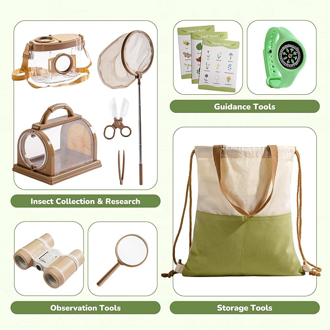 ROBOTIME Explorer Kit & Bug Catcher Kit for Kids, 12PCS Bug Catching Kit, Outdoor Bug Collection with Kids Binoculars, Butterfly Net, Insect Box, Magnifying Glass and Compass Watch for Toddlers 3-12