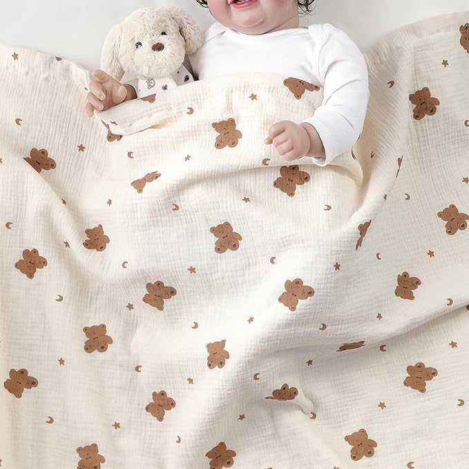 CREVENT 30''X40'' Organic Muslin Cotton Baby Blanket for Newborns, Soft Mink Backing, Essential for Baby Shower Birthday Gift - Bear 75X100cm