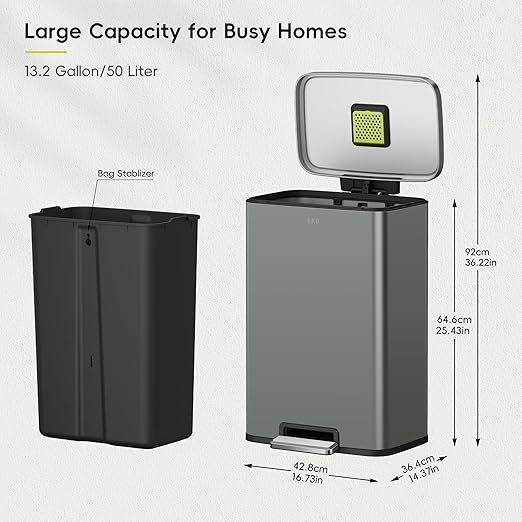 EKO Madison Nardo Grey Stainless Steel 50 Liter/13.2 Gallon Step Trash Can with Inner Liner - Fingerprint Resistant Finish