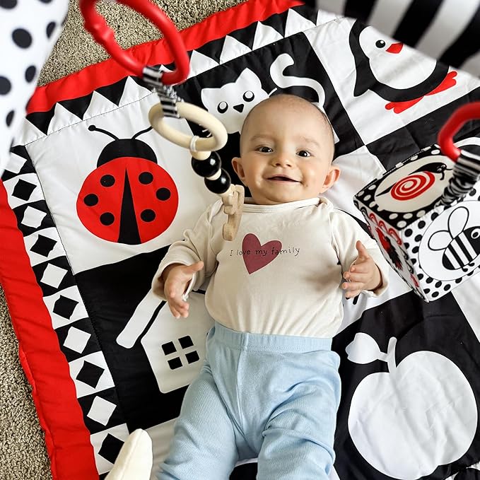 QUOKKA Padded Baby Gym Mat for Floor Tummy Time - High Contrast Baby Kick and Play Gym Mat - 6 Toys | Thick Pad | Machine Washable | Black White Red Colors for Vision Development