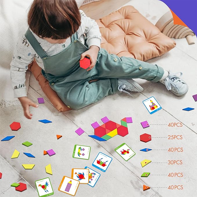 215 PCS Wooden Pattern Blocks Set, 24 Double-Sided Design Cards Pattern Building Shapes Educational Geometric Shape Puzzle Fun Tangram Montessori Learning Toys for Kids Ages 4-8 (A Storage Bag)