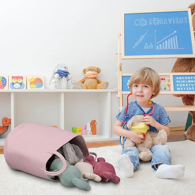 Cotton Rope Laundry Basket Hamper for Girls Kids Baby Nursery Hamper Bin Woven Storage Basket for Living Room Girls room Boho Tall Rope Baskets for Blanket Toys Large light pink