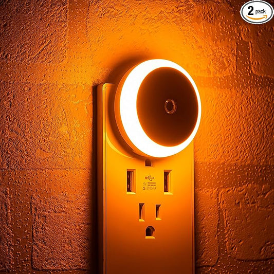 Amber Night Light Plug in, Dusk to Dawn Sensor, Blue Light Blocking, Automatic Nightlight, Energy Efficient, 2 Pack LED Night Lights Plug into Wall, for Bathroom, Bedroom, Kitchen, Hallway, Stairway