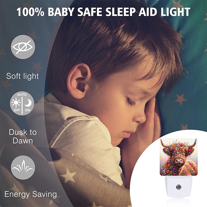 Highland Cow Night Lights Plug into Wall for Girls Boys Room, Night Lights LED Lamp with Dusk to Dawn Sensor Nightlight for Bedroom Kitchen Bathroom Hallway Home Wall Decor