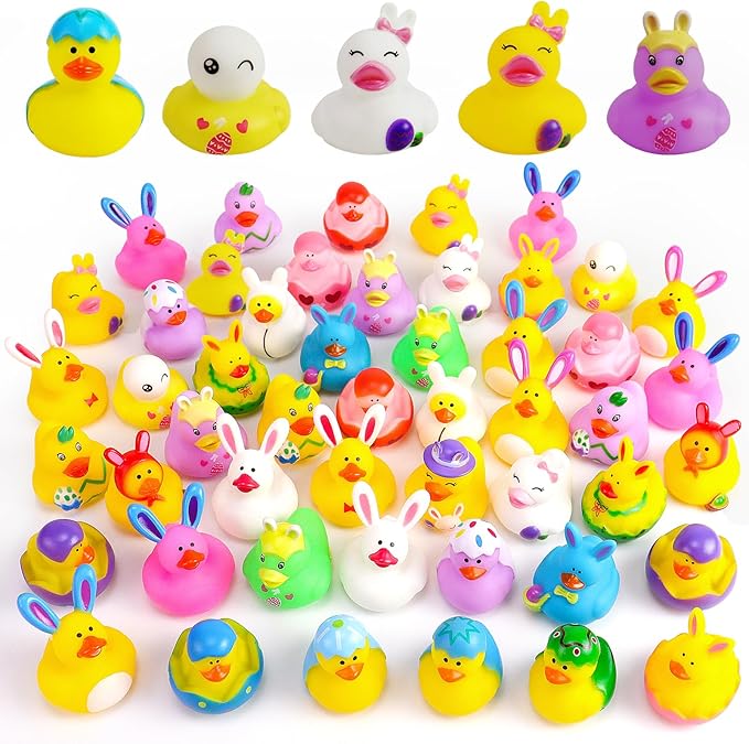 50PCS Easter Rubber Ducks Assorted Gifts Party Favors ,Resurrection Bunny Rubber Duck Pack , Funny Rubber Ducks Bath Tub Toys for Kids, Baby Showers Accessories