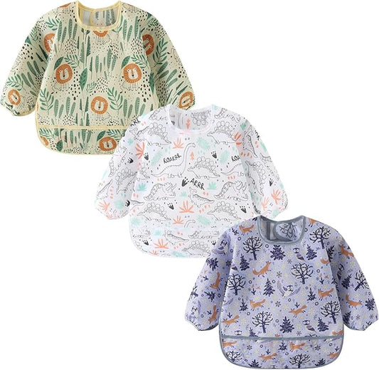 3 Pack Long Sleeve Bib,Baby Smock for Eating 6-30 Months Reusable Shirt Bibs for Babies Toddler