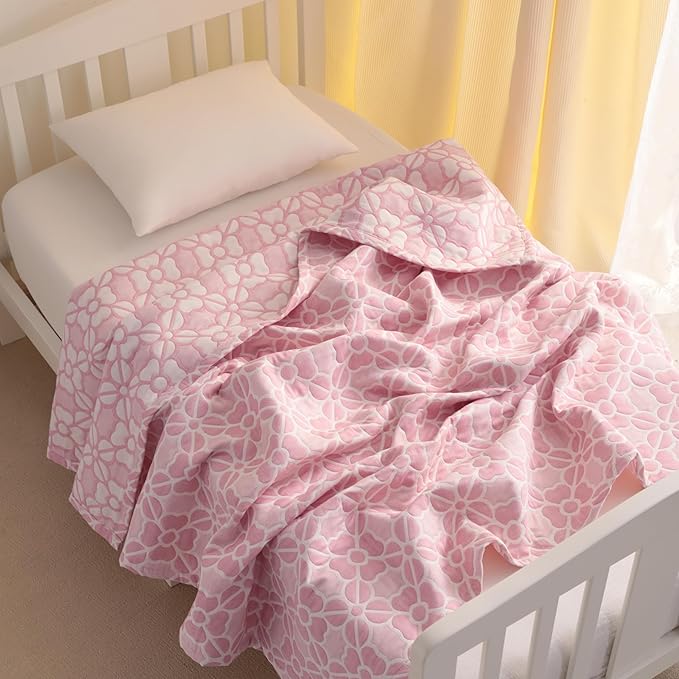 NTBAY 3 Layer Oversized Muslin Cotton Toddler Blanket, 45x60 Inches Jacquard Reversible Nursery Bed Blanket, Super Soft and Thermal Crib Blanket for All Seasons, Baby Gift, 45"x60", Pink Clover