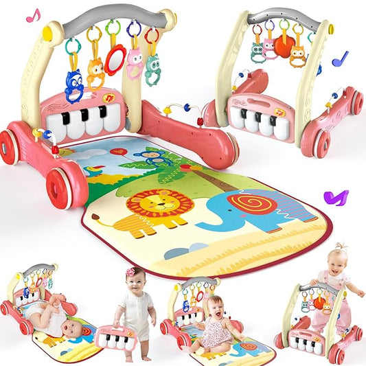 2 in 1 Baby Gym Play Mat with Walker, Kick and Play Piano Gym Activity for Boys Girls, Musical Activity Center Tummy Time Mat for 0-3-6-12-18 Months, Learning Walker Play Gym for Infant Girl Gift(RED)