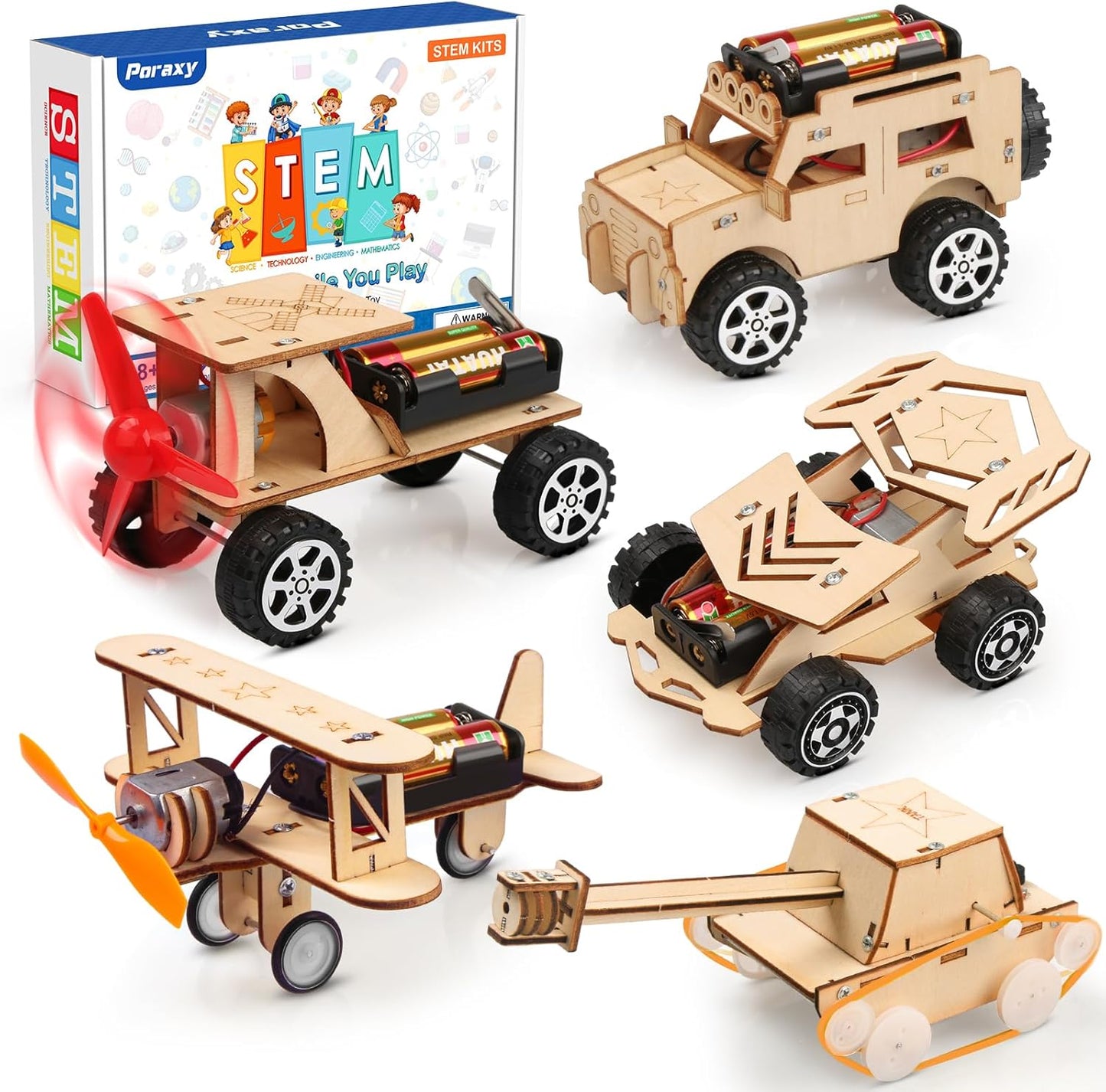 Poraxy 5 in 1 STEM Kits for Kids Age 8-10, Science Building Project Craft for 8-13, Model Car Kit, STEM Toys for Boys Girls Age 8-12, Wooden 3D Puzzles, Birthday Gifts for 6 7 8 9 10 11 12 13 Year Old
