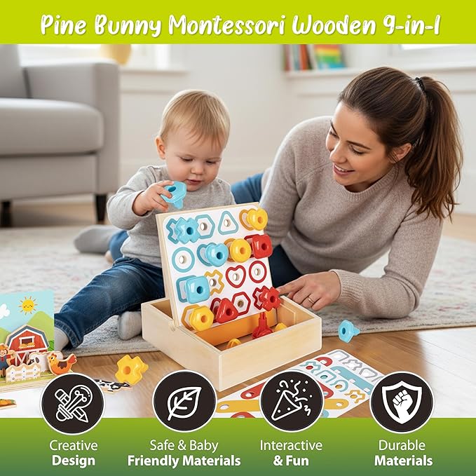 Pine Bunny Montessori Wooden and Plush 12-in-1 Toy Set for 22+ Months, Buckle Toy, Magnetic Color Cup Match Pattern Pegs Space and Distance Farm Game Wooden Train Set Educational Learning Toddler Toys