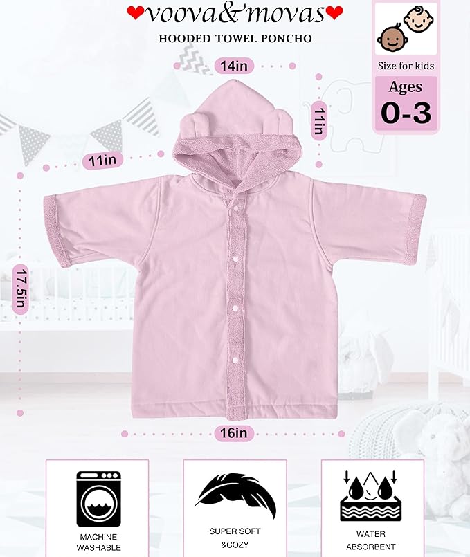 VOOVA & MOVAS Baby Hooded Towel with Bear Ear, 0-3Years | 100% Cotton,Low Lint, Ultra-Soft & Absorbent | Gentle for Sensitive Skin, Bath, Pool & Beach Towel | Newborn (Pink)