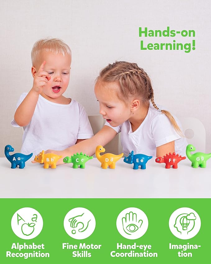 Coogam Matching Letters Fine Motor Toy, 26 PCS Double-Sided ABC Dinosaur Alphabet Match Game with Uppercase Lowercase, Preschool Educational Montessori Learning Toys for Toddlers