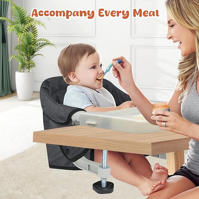 Hook On High Chair, Jozzve Clip on High Chair with Removable Dining Tray for Babies and Toddlers, Fold-Flat Storage Portable Baby Feeding Seat, Attach to Fast Table Chair for Home Travel (Black)