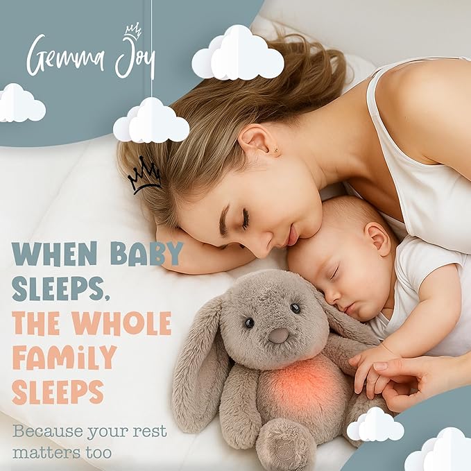 Gemma Joy Baby Sleep Soother Bunny for Baby – Cry Activated Heartbeat Stuffed Animal – Rechargeable Crib Soother with White Noise, Shush, Lullabies & Night Light – Newborn Essentials Must Haves