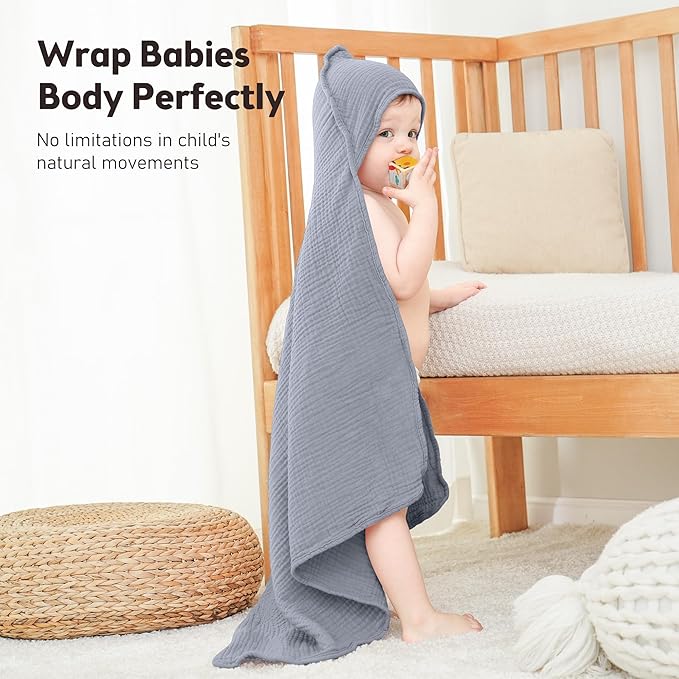 Susurration Hooded Baby Towels for Newborn 2 Pack 100% Muslin Cotton Towel for Babies，Highly Absorbent and Newborn Essential 30x30 Inch (Blue)