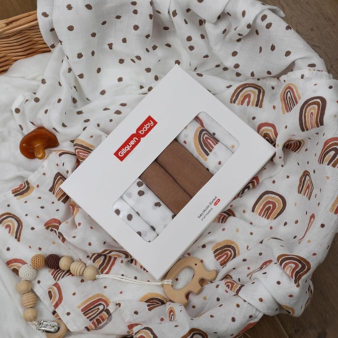 GLLQUEN BABY Receiving Blanket Boy Cotton Muslin Swaddle Blankets Girl Newborn Squares Breathable & Soft Thin Baby Blankets Cloths Double Absorbent Infant Swaddling Wrap - 6 Pack (Rainbow)