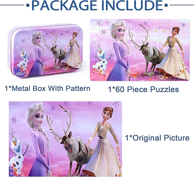 LELEMON Pretty Puzzles for Kids Ages 4-6, Snowmen 60 Piece Puzzles for Kids Ages 4-8,Children Jigsaw Puzzles in a Metal Box,Educational Learning Puzzle Toys for Girls and Boys