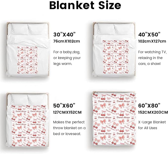Ship Next Day Custom Name Baby Blanket, Personalized Toddler Blanket with Cherry Pattern, for Baby Boys and Girls