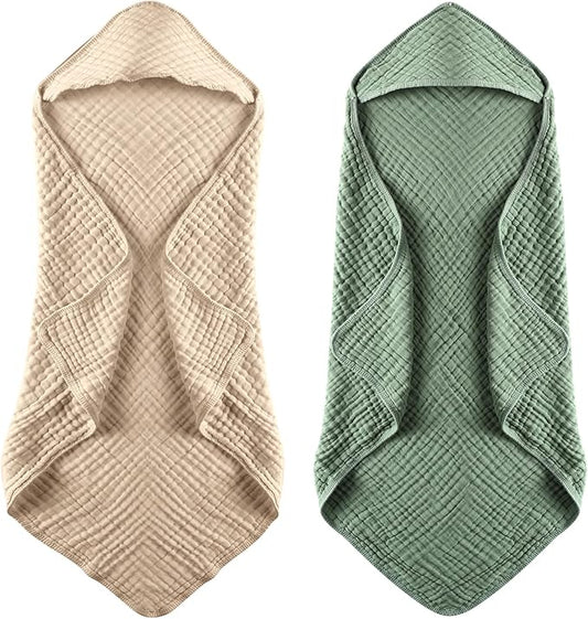 MUKIN Baby Hooded Towels, Muslin Cotton, 2-Pack, for Newborn, Infant, Toddler and Kids (Dark Green,Khaki)